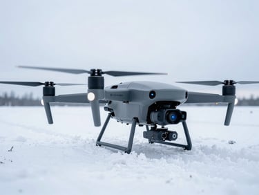 Close-up of a commercial multirotor drone on a snow-covered Canadian research field, bright overcast daylight, crisp technical detail.