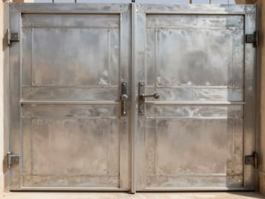 Close-up of a custom fabricated steel door with clean weld joints, architectural blacksmithing in Riyadh workshop