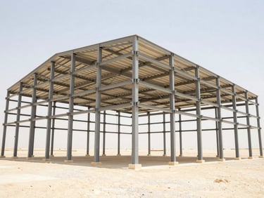 Wide shot of a massive structural steel frame for an industrial hangar under bright Riyadh daylight, heavy steel beams