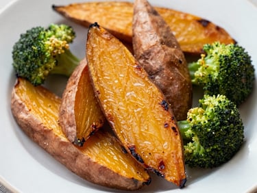 Overhead shot of roasted vegetables, sweet potatoes and broccoli with charred edges on a plate