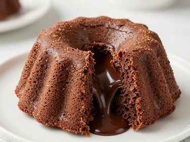 A warm chocolate volcano cake with a molten chocolate center oozing out on a small dessert plate
