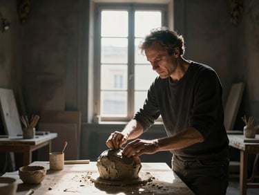 Cinematic portrait of a designer in a dark, high-ceilinged Roman palazzo studio, dramatic natural light from a high window illuminating hands touching a raw clay sculpture, surrounding deep shadows.