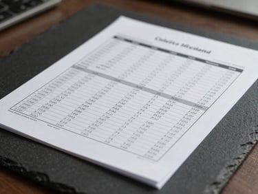 Close-up of a high-quality physical financial audit document with precise columns of numbers, resting on a dark slate desk under focused studio light