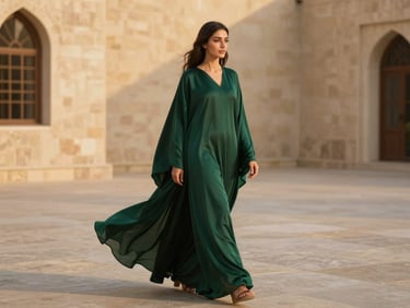 A woman walking in a minimalist stone courtyard wearing a flowing deep emerald luxury abaya, soft wind showing the dramatic architectural drape, warm golden hour light