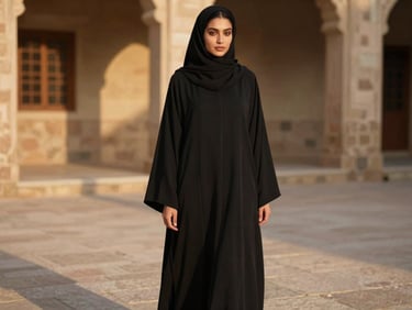 Editorial fashion portrait of a model wearing a premium black abaya with clean architectural draping, standing in a sunlit stone courtyard, warm directional shadows.