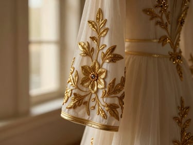 Close-up of golden tilla embroidery details on a bridal sleeve, shimmering under soft directional studio light