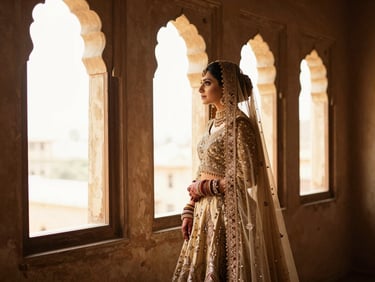 A modern Pakistani bride in a rich champagne-gold lehenga, looking out a historic arched window, warm dramatic lighting