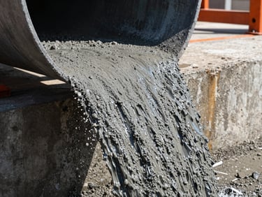 Close-up of wet concrete texture flowing from a heavy steel chute, high contrast, gritty texture, bright daylight, industrial site photography, 35mm lens