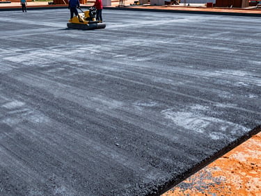 Workers finishing a large industrial concrete floor with power trowels on a spacious site, bright daylight, gritty texture, high contrast, industrial site photography