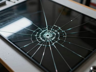 Extreme close-up overhead shot of cracked TV panel glass on a repair bench, cool even workshop light, fine crack lines visible across dark glass surface