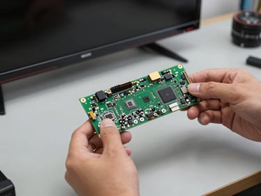 Close-up of technician hands holding a logic board removed from a flat-screen TV, neutral workshop daylight, component detail sharp and clear on a gray workbench