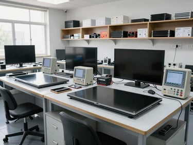Wide environmental shot of a clean TV repair workshop, two workbenches with disassembled flat-screen units, diagnostic equipment and genuine parts organized on shelving, cool even workshop daylight from the left, no people present