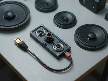 Overhead close-up of genuine TV speaker components and connector cables laid flat on a clean workshop bench under cool studio lighting