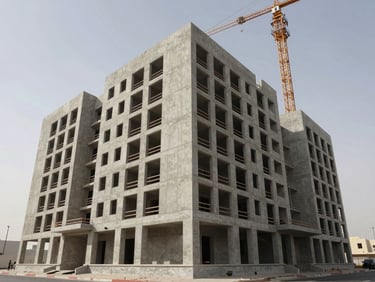 Wide exterior shot of a completed mid-rise commercial building under neutral overcast daylight in a Saudi city, structural concrete facade prominent, construction crane still visible at the upper right, no people