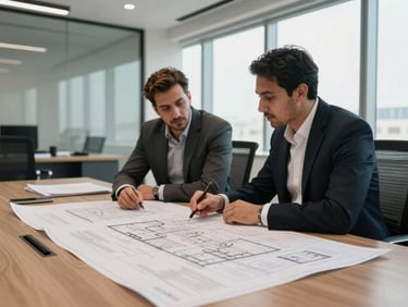Boardroom interior in a modern Riyadh office, natural light from large windows, two engineers reviewing large project documents spread across a conference table, architectural plans visible, no posed smiles