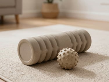 A minimalist foam roller and massage ball resting on a light-colored rug, cozy home environment.