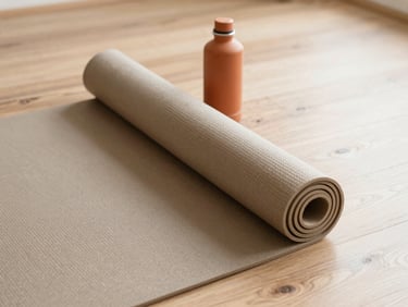 Overhead shot of a natural rubber yoga mat rolled up next to a terracotta water bottle on a clean wooden floor, soft morning light.