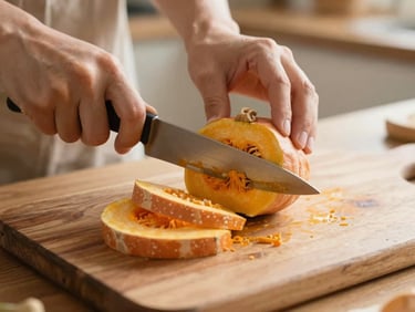 Close-up of hands cutting fresh pumpkin on a rustic wooden board, warm morning light, kitchen background