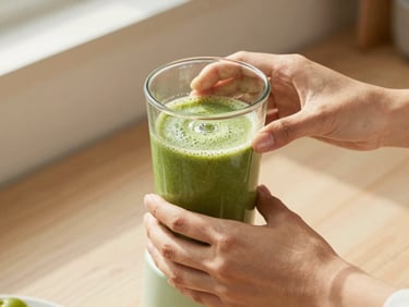 Close-up of hands preparing a green smoothie, a compact personal blender on a kitchen counter, warm daylight.
