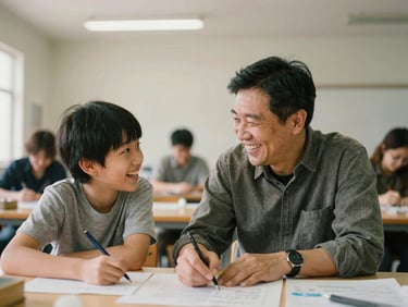 Medium shot of a mentor and mentee laughing while working on a project together in a community center, warm indoor ambient light, genuine connection.