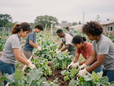 Authentic photo of diverse community members tending to a vibrant urban garden, soft overcast daylight, focus on collaboration and fresh produce.
