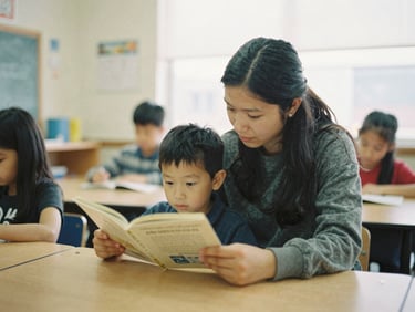Candid shot of a child reading with a volunteer in a bright classroom, soft natural light, focus on interaction, Washington neighborhood context.