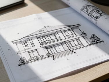 Technical architectural drawing of a modern villa elevation on a clean desk, natural side light, sharp lines, highly detailed blueprints.