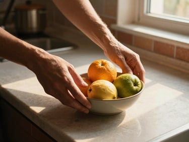 Hands arranging a small bowl of fresh fruit on a kitchen counter, golden hour light through a window, terracotta tiles visible in the background, intimate and unhurried