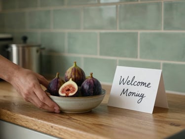 Hand placing a small ceramic bowl of fresh figs on a kitchen counter beside a handwritten welcome card, warm morning light, sage-green tile backsplash, intimate documentary framing