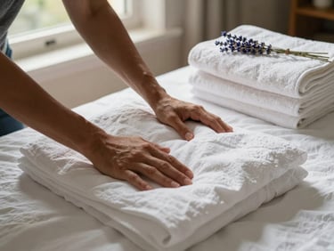 Hands smoothing freshly laundered white linen on a bed near a sun-lit window, folded towels stacked nearby, a small sprig of dried lavender on the pillow, warm natural light, honest documentary framing
