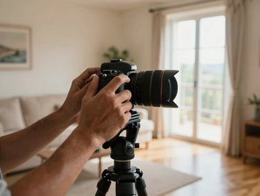 Close-up of hands adjusting a camera on a tripod inside a bright Mediterranean living room, natural daylight from a large window, wooden floor visible, warm beige walls, documentary feel