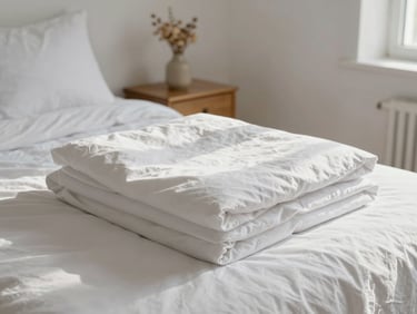 Wide shot of a bright Mediterranean bedroom, morning light on freshly folded white linens, a small vase of dried flowers on the bedside table, no people