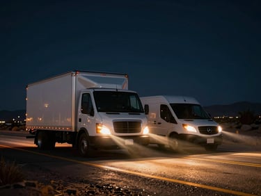 Cinematic night photography of a modern box truck and a cargo van driving side-by-side on a dark Phoenix highway, headlights cutting through the desert night, dramatic golden reflections, 35mm lens