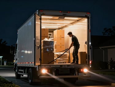 Cinematic night shot of a clean box truck with its cargo door open, warm interior light illuminating neatly stacked moving boxes and wrapped furniture, professional crew member preparing a strap, 35mm lens.