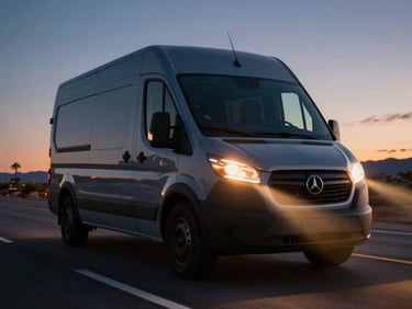 Low-angle tracking shot of a modern cargo van driving on a dark Arizona highway at golden hour, headlights cutting forward, cinematic night photography