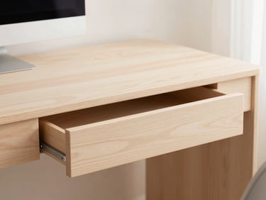 Pastel wood gaming desk with a minimalist monitor setup, soft diffused light, clean architectural lines, close-up of drawer mechanism.