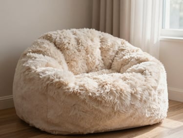 Patterned faux fur bean lounger in a corner of a sunlit teen room, soft texture, macro shot of faux fur texture.