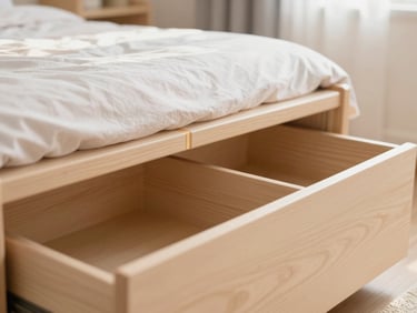 Integrated storage bed in a teen bedroom, drawers open, showing organized space, soft morning light, light wood finish, macro shot of wood joint.