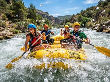 Dynamic action shot from water level of a group of friends laughing and paddling hard through a splashing rapid on the Segura River, bright Mediterranean sunlight, water droplets frozen in mid-air