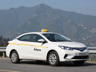 Crisp three-quarter shot of a clean, modern white Innova Crysta taxi, parked on a smooth highway overlooking the Uttarakhand mountains, bright clear daylight, high-contrast yellow and charcoal tones, sharp focus, 35mm lens.