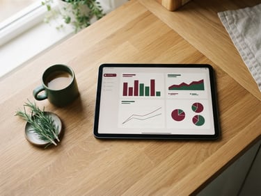 Overhead shot of a minimalist Scandinavian-style financial dashboard displayed on a tablet resting on a clean kitchen counter, soft natural window light, fresh rosemary and a ceramic mug beside it, shallow depth of field, 35mm