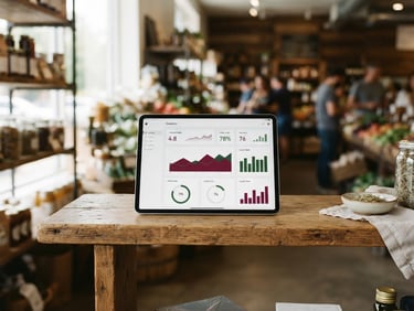 Warm editorial photography of a minimalist tablet dashboard showing inventory turnover metrics, resting on a clean wooden shelf in a modern local food market, soft natural window light, 35mm