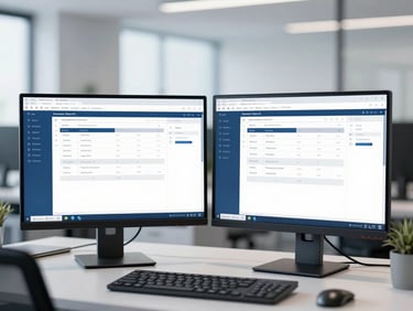 A bright modern corporate office with dual monitors displaying clean software interfaces, soft daylight, professional blue tones, shallow depth of field.