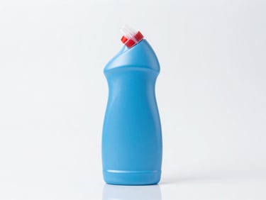 Front-facing studio shot of a blue toilet cleaner bottle on a clean reflective surface, clinical lighting