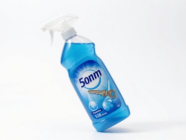 An angled studio shot of a blue liquid toilet cleaner bottle, bright key lighting, clinical aesthetic.