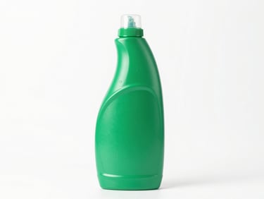 Front-facing studio shot of a green floor cleaner bottle, bright high-key clinical lighting