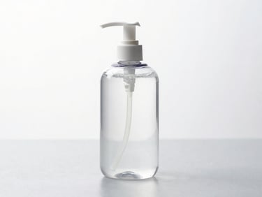 A clear handwash bottle with a pump dispenser on a reflective light grey surface, sharp focus.