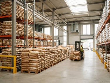 Wide-angle environmental shot of a clean modern warehouse facility, organized pallets of agricultural sacks, soft natural daylight, 35mm