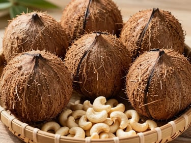 Fresh whole coconuts and raw cashew nuts in a woven basket under soft natural outdoor light, warm editorial photography, bright natural daylight, rich organic earth tones, clean composition, shallow depth of field, 35mm
