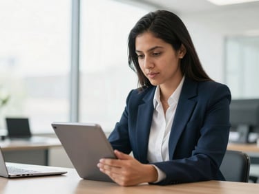 Professional Hispanic business owner and insurance agent in active dialogue, looking at a tablet together in a bright, modern office, natural daylight, shallow depth of field, sharp commercial photography